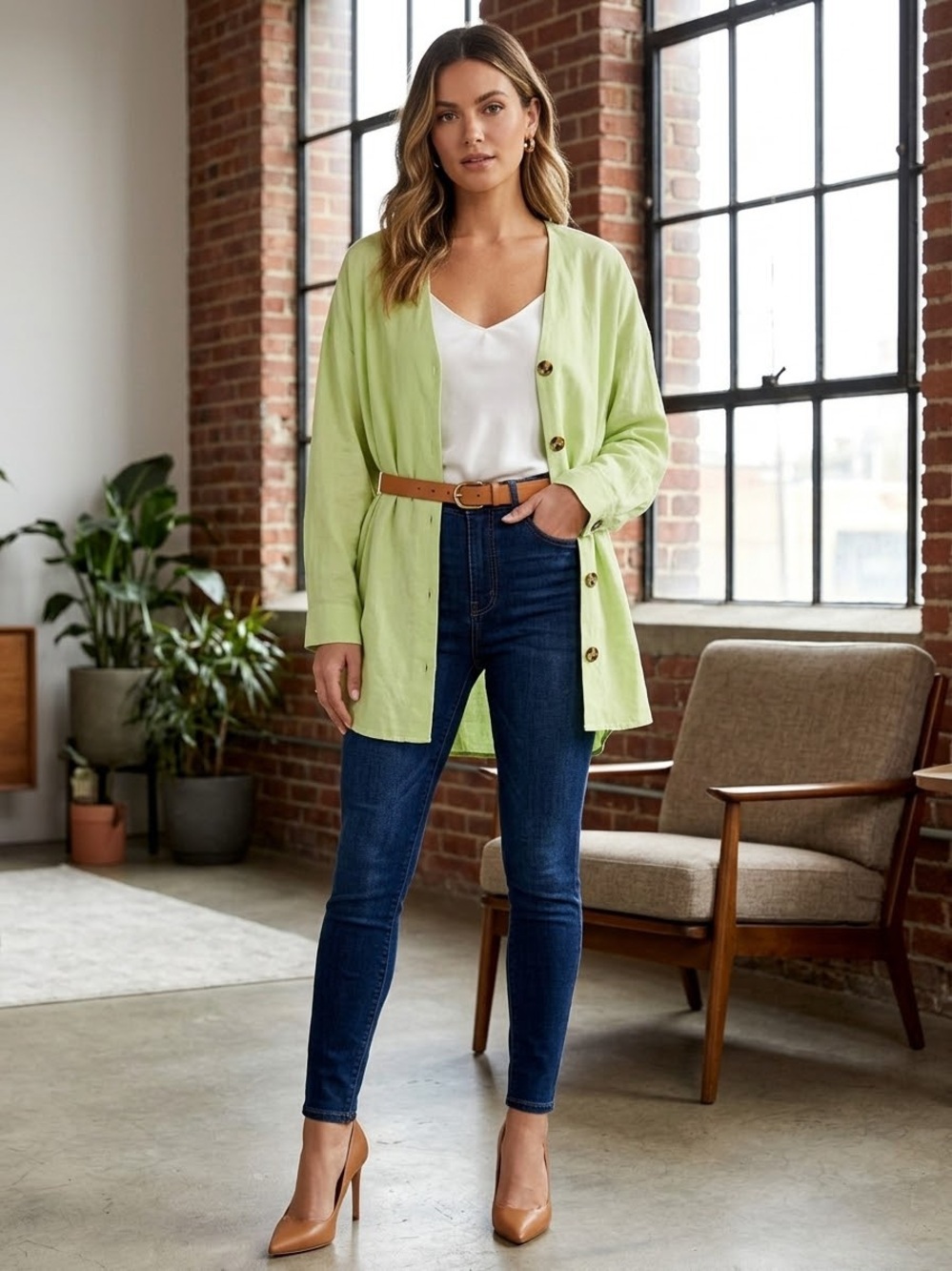 SOFT SURROUNDING Light Green V-Neck Button Front Women's Top. Size L